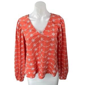 Asos Orange Floral Embroidered Eyelet Puff Long Sleeve V-Neck Blouse Top Size 8